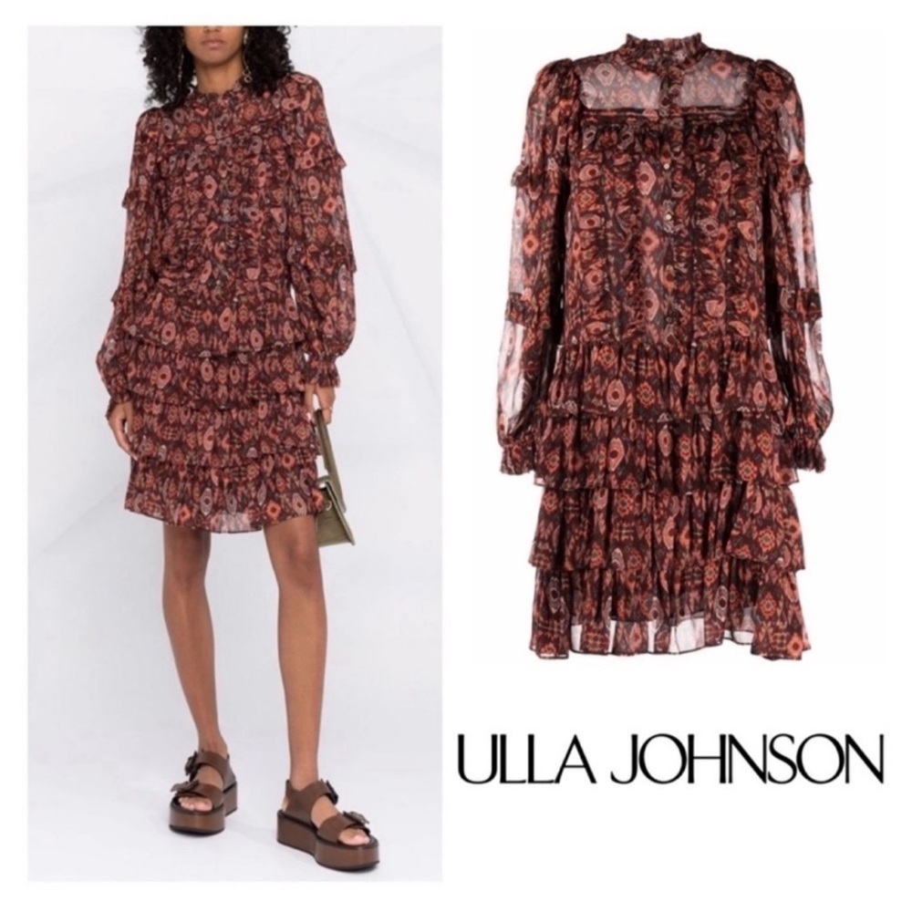 New! ULLA JOHNSON Esma Silk Tiered Ruffle Boho Mini Dress
